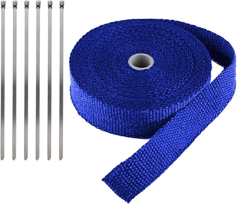 LKRXW Blue Exhaust Heat Wrap 1" x 16 Feet Motorcycle Exhaust Header Pipe Wrap Fiberglass Heat Shield Tape Car Manifold Insulation Thermal Protection with 6pcs Stainless Ties - Image 1